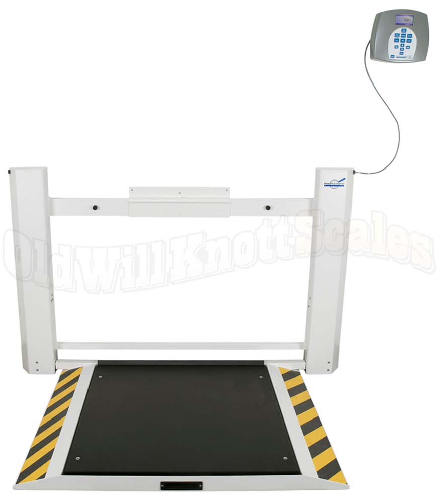 Health o meter 2900KL-AM wall mounted wheelchair scale with two ramps and remote display.