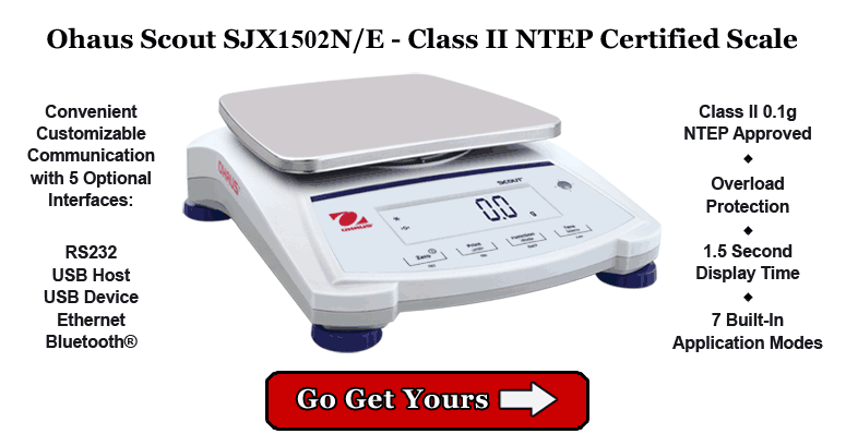 Ohaus SJX 1502NE Class II NTEP Certified Scale. Convenient customizable communication with 5 optional interfaces. Class II 0.1g NTEP Approved, overload protection, 1.5 second display time, 7 built-in application modes. Go get yours