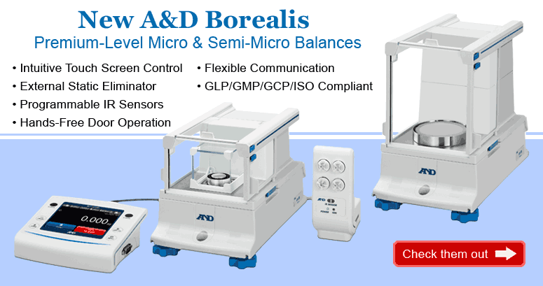 New A&D Borealis. Premium-Level Micro & Semi-Micro Balances. Intuitive Touch Screen Control, Flexible Communication, External Static Eliminator, GLP/GMP/GCP/ISO Compliant, Programmable IR Sensors, Hands-Free Door Operation