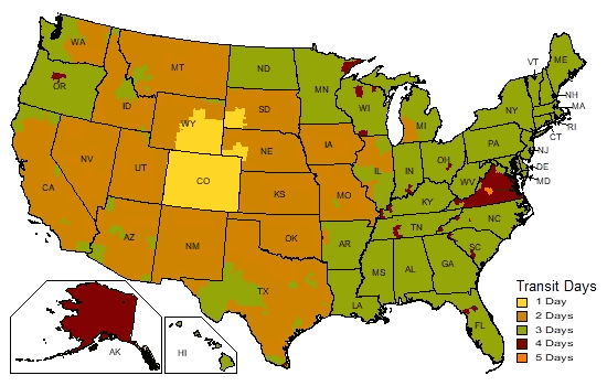 UPS Ground Map for shipments originating from 80233