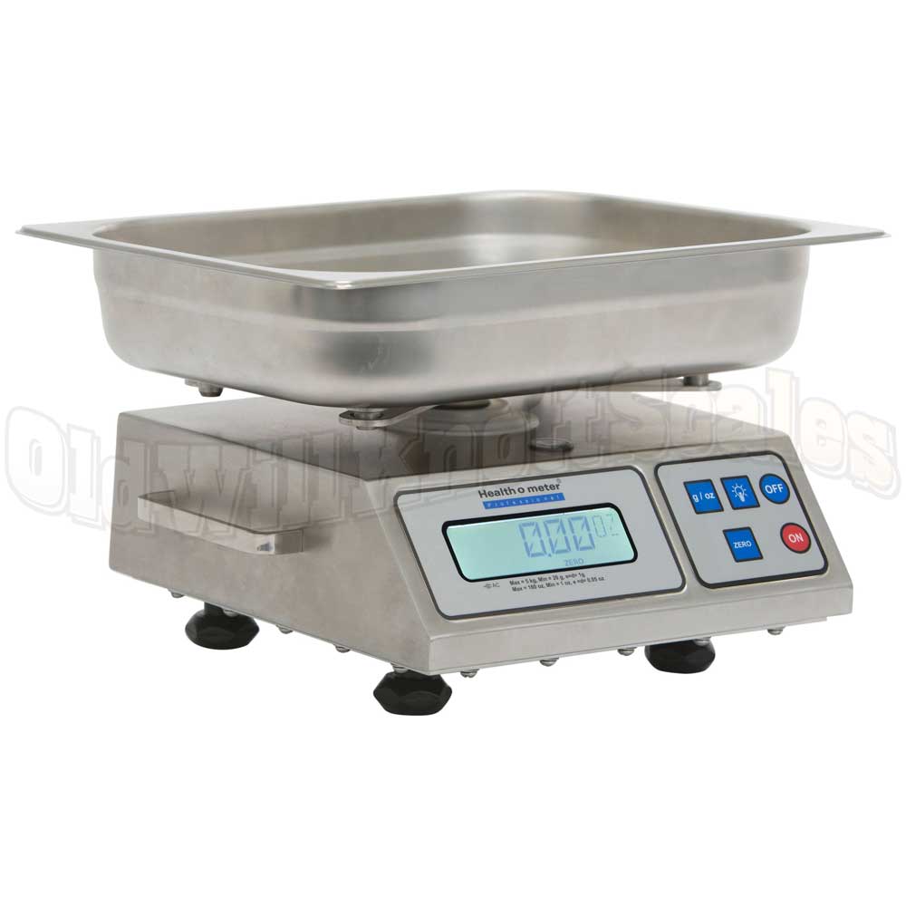 Health o meter 3400KL stainless steel digital scale with backlit display and 2.5 inch deep weighing pan.